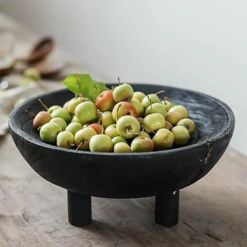 wabi-sabi black four-legged solid wood dried fruit tray, living room coffee table tray, round small tea tray, home decoration