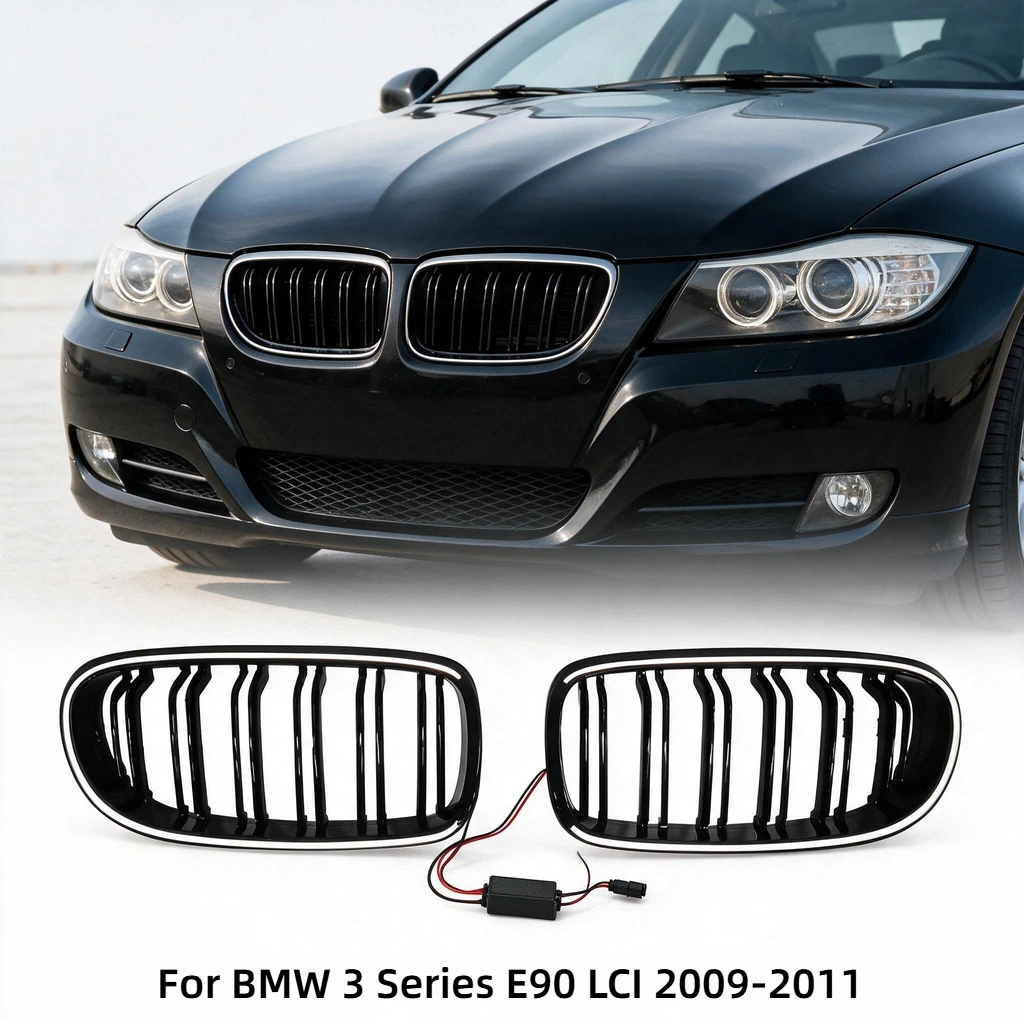 ABS Gloss Black Double Slat LED/Dynamic Flow Kidney Grille For BMW 3 Series E90 LCI 2009-2011 Sedan Sport Replacement Grill Mod