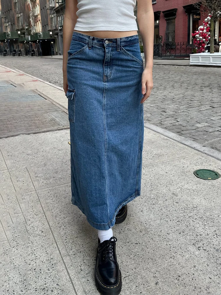 Vintage blau gerade Jeans rock Frauen Sommer sexy niedrige Taille Taschen lange Faldas Femme American Streetwear Baumwolle Cargo Röcke