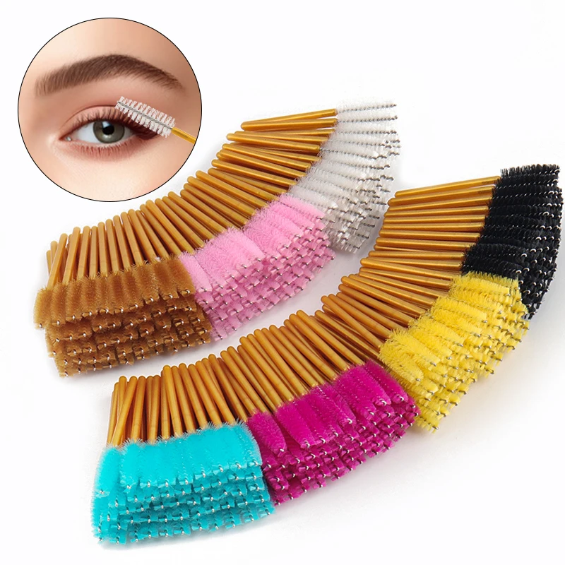 

50pcs Disposable Golden Rod Eyebrow Eyelash Brushes Mini Mascara Wands Comb Eyelash Extension Applicator Beauty Makeup Tools