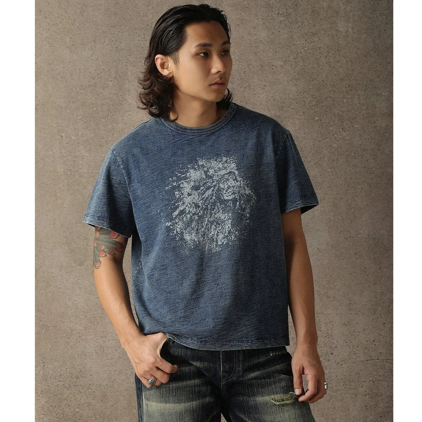 

Vintage Men's Slub Yarn Knit Denim Short Sleeve T-Shirt Indigenous Western Washed Distressed 100% Cotton 200gsm Crew Neck Tee