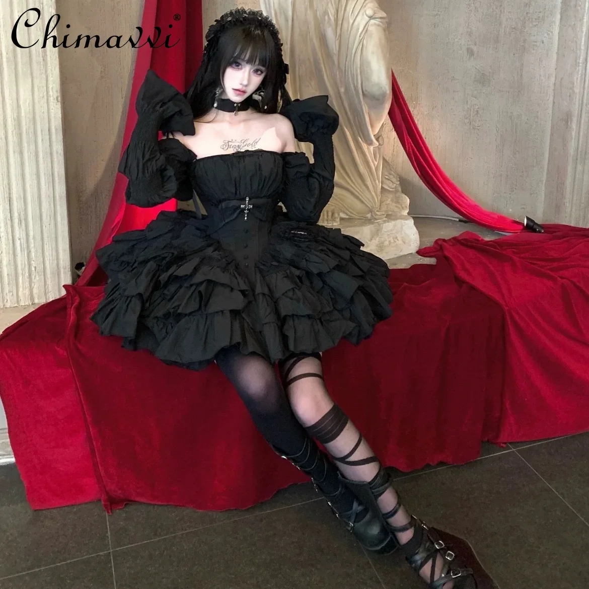 

Black Pure Desire Sweet Sexy Waist-Cinching Performance Uniform Princess Puff Dress Spring New Girl Birthday Party Cosplay Dress