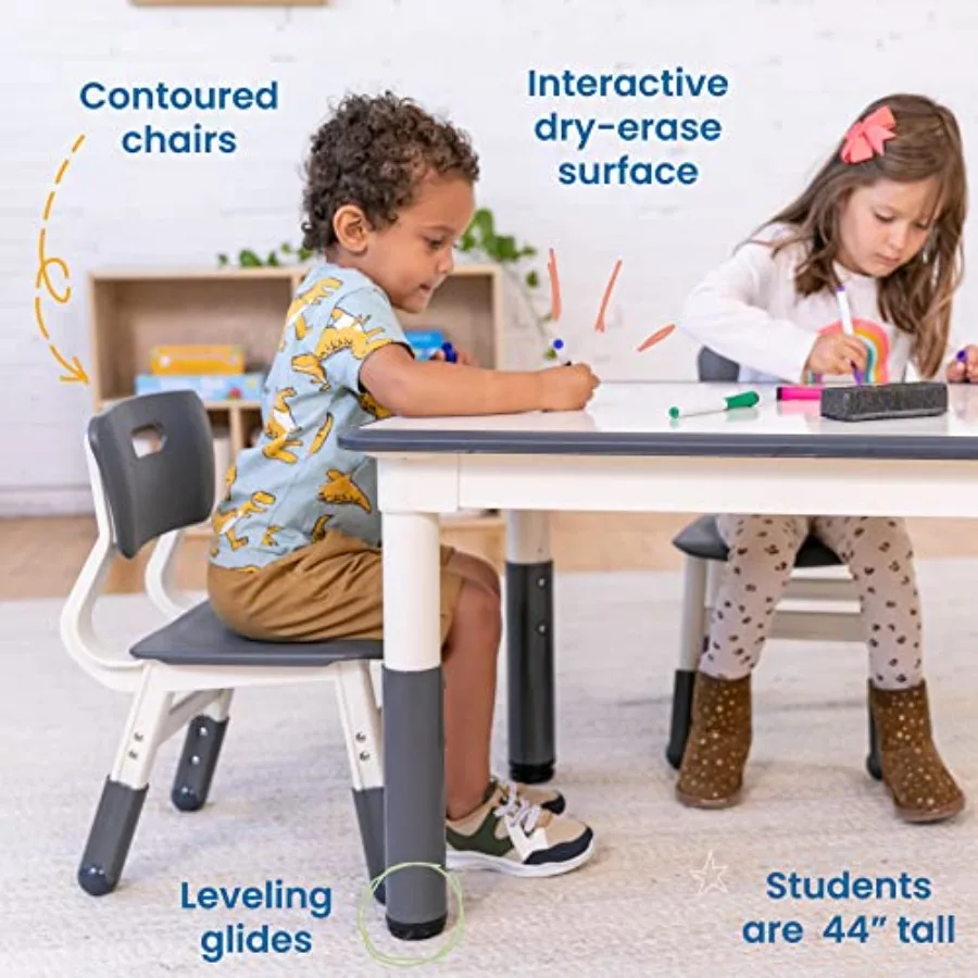ECR4 Dry-Erase Rectangular Activity Table with 2 Chairs Adjustable Furniture Grey 3-Piece