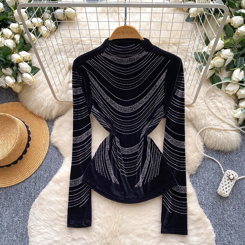 Korean Style Shirt Heavy Rhinestone V-Neck Long Sleeve T-Shirt Slim Fit Top Sexy Unique Fall Blouse Women Spring Tee BL549
