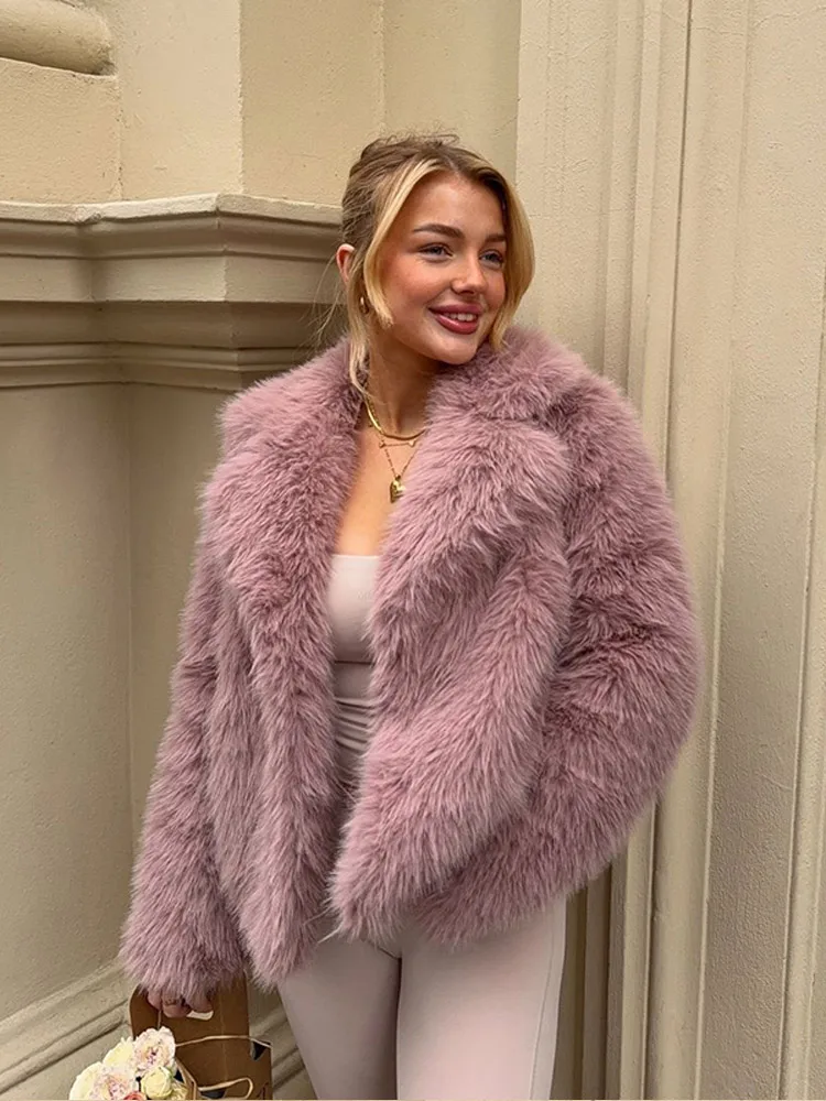 Sweet Pink Lapel Faux Fur Coat Women Fashion Thicken Warm Long Sleeve Cropped Plush Jacket 2024 Winter Lady Street Furry Outwear