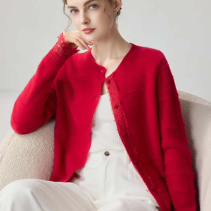 Women's 100% Cashmere Cardigan Sweater O-Neck Fringe Trim Front Lace Cuff Detail Horizontal Stitch Texture Casual Knit Outerwear