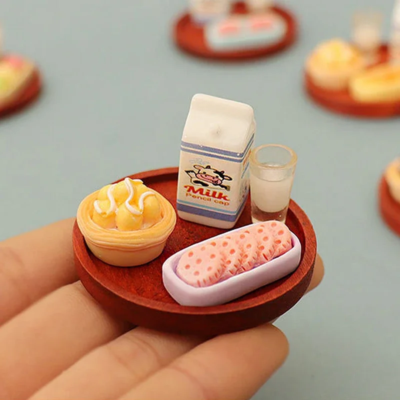 5PCS DIY Toy Scene Accessory Set, 1:12 Dollhouse Miniature Decorative Milk, Egg Tart, Biscuit Models, Include Meal Plate