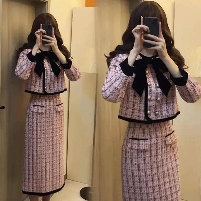 French Bow Lattice Set Skirt Spring Autumn Fashion Elegant Small Fragrance Pink Top Half Skirt 2 Piece Set Loose Long Skirt Tops