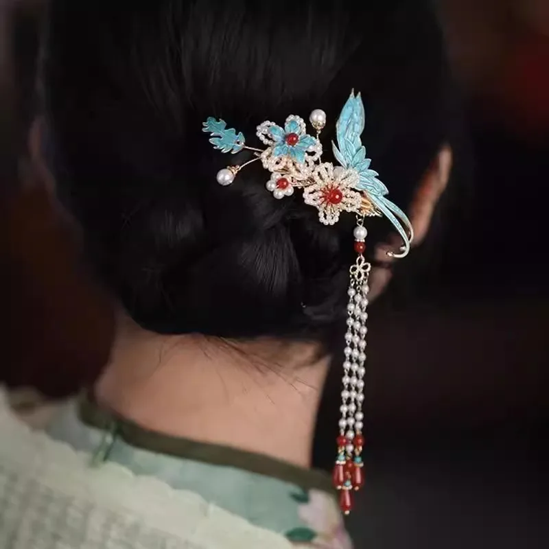 Acessório de cabelo Hanfu com borlas, azul queimado clássico, novo estilo chinês, acessório de cabelo para saia com rosto de cavalo, clipe lateral, Cheongsam