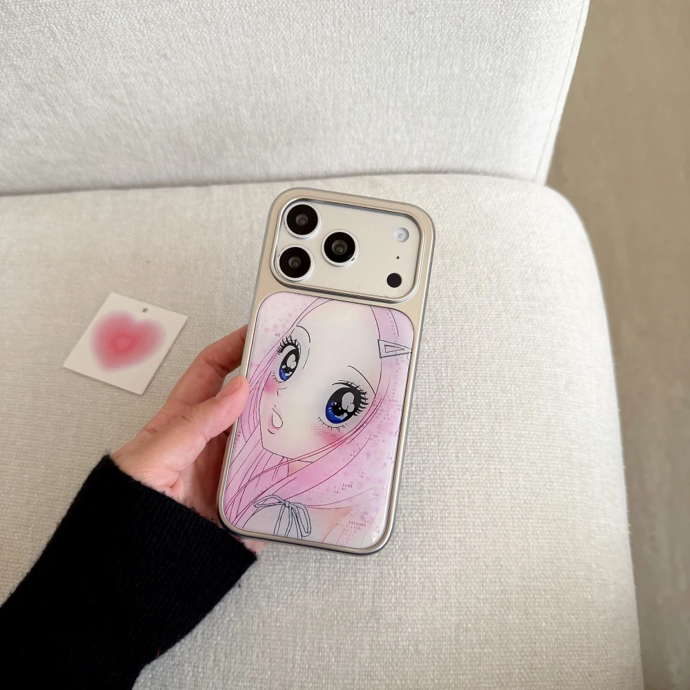 Korean Japan Pink Anime Girl Electroplated Drip Glue Phone Case For iPhone 17 Air 16 Pro Max 15 14 Plus 13 12 Pro 11 Back Cover