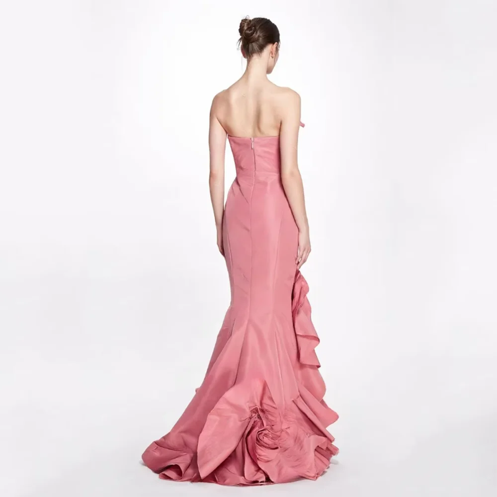 Strapless Pink Satin Dress Handmade Flowers Dress Ruffles Floor Length Evening Dresses For Women Custom Made Gown Elegant