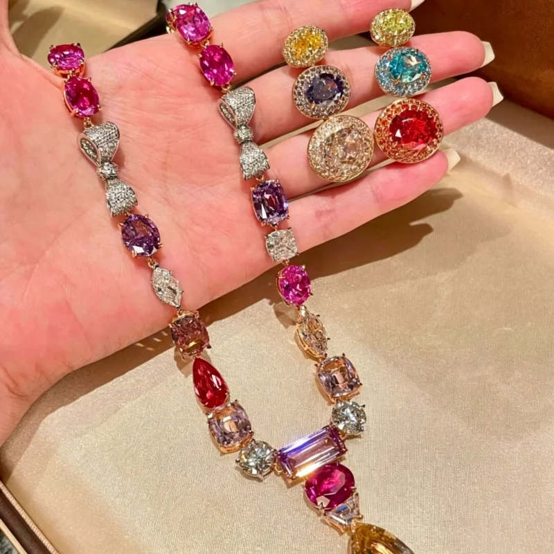 Bellux Rose Candy Bean Rainbow Two Piece Set 925 Silver Synthetic Gem Colored Alien Diamond Necklace Earring Set Jewelry Women
