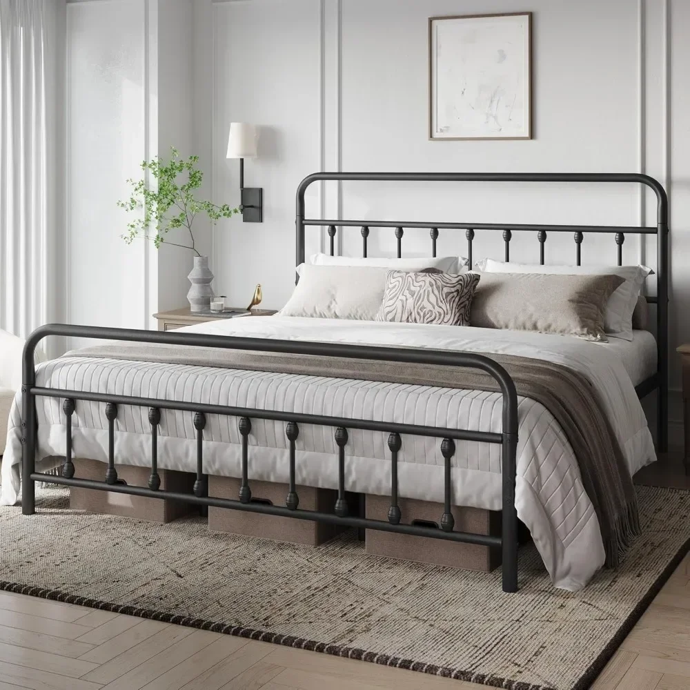 Classic Metal Platform Bed Frame Mattress Foundation with Victorian Style Iron-Art Headboard/Footboard/Under Bed Stora