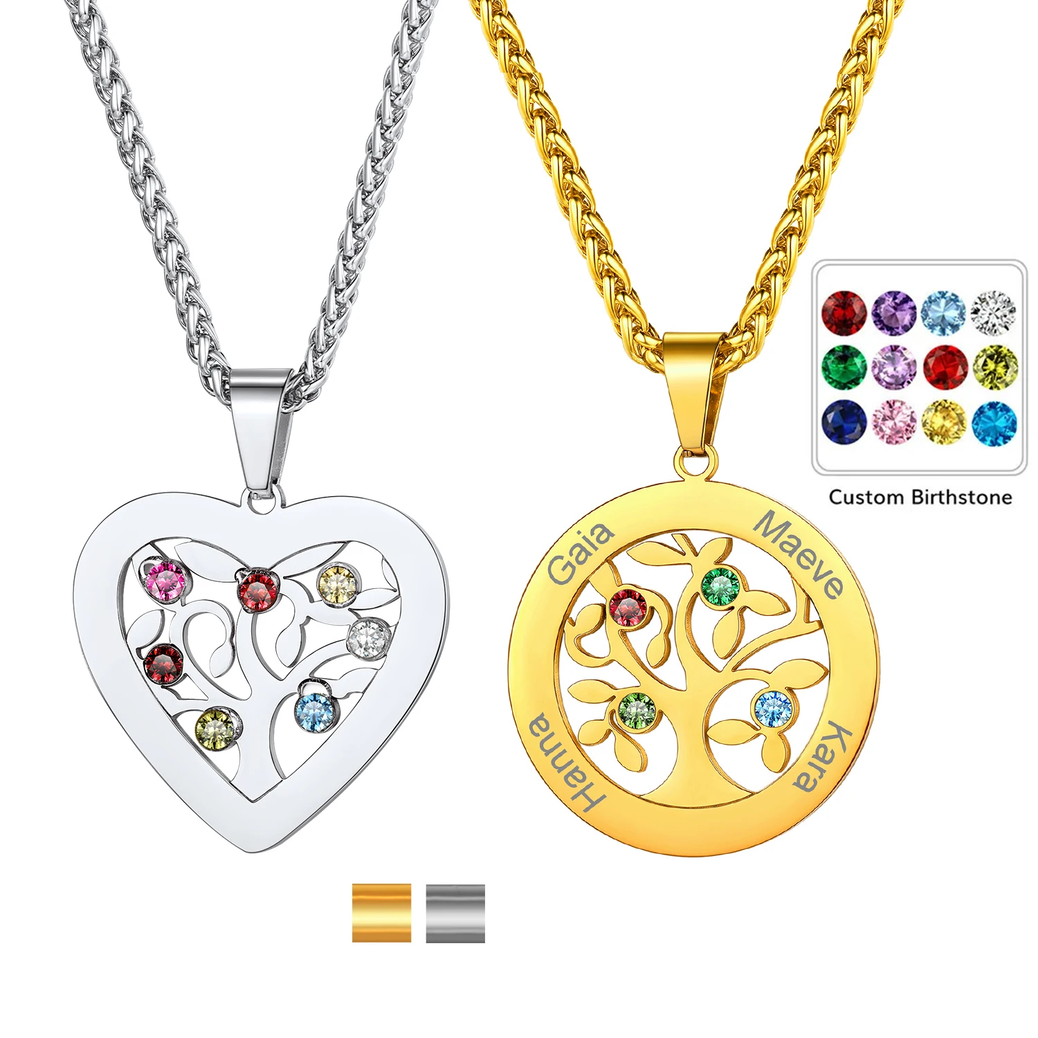 

U7 Stainless Steel Customized Heart Tree of Life Pendant Necklace with 2-7pcs Birthstones Family Members Names Jewelry Gift