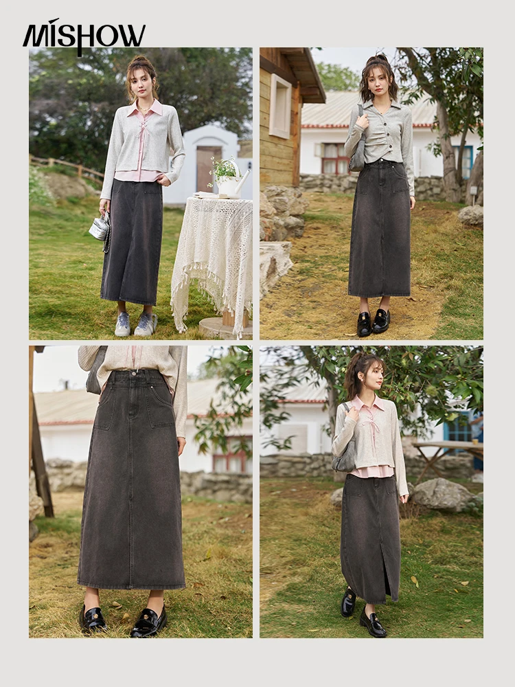 MISHOW Retro High Waist A-line Denim Skirt for Women Spring 2024 Temperament Front Middle Fork Grey Mid Length Skirts MXD14B0244