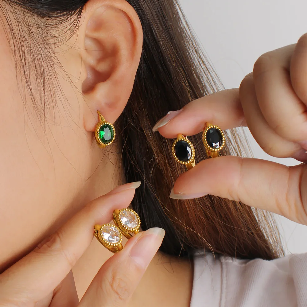 DIY accessories Gold oval zircon sparkle earrings stainless steel medieval style light luxury elegant earrings 18K gold high-end