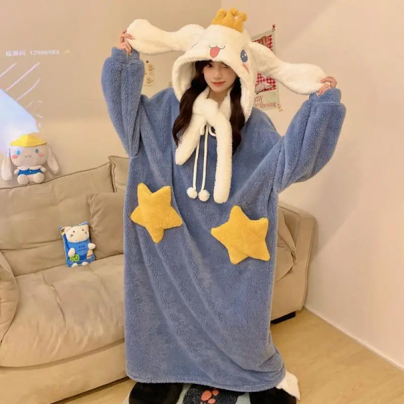 

Anime Cinnamoroll Pajamas for Women My Melody Winter Coral Velvet Thickened Warm Cartoon Nightgown Hooded Funny Home Clothes