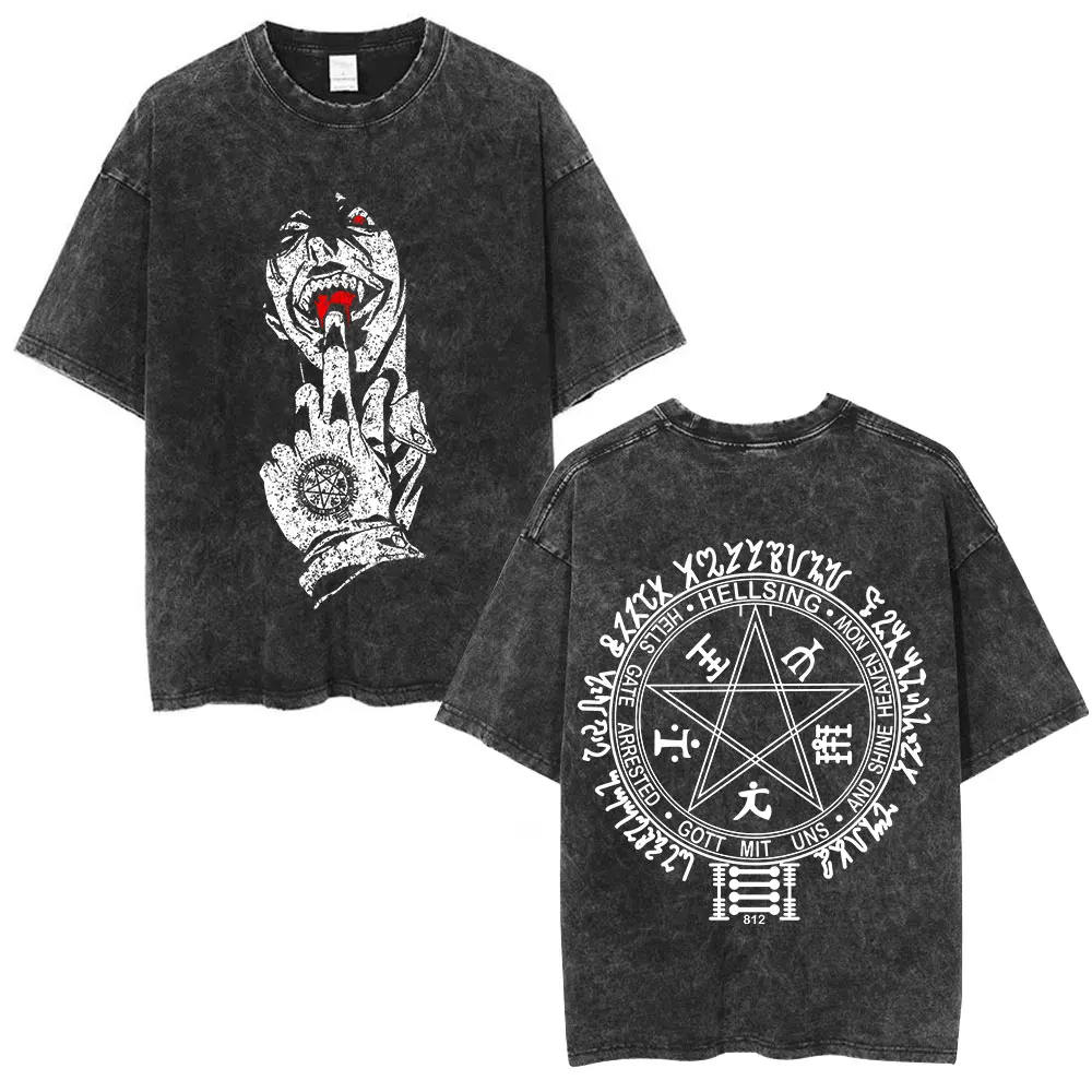 Washed Anime Hellsing Ultimate T-shirts Men Clothing T Shirt Manga Alucard Eyes Cotton Short Sleeve T-shirt Men Women Clothing