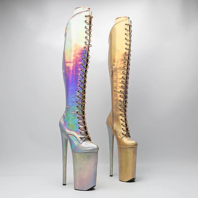 Leecabe 26CM/10inches Shiny PU Upper Gold With Silver color sexy exotic High Heel platform party shoes Pole Dance boot