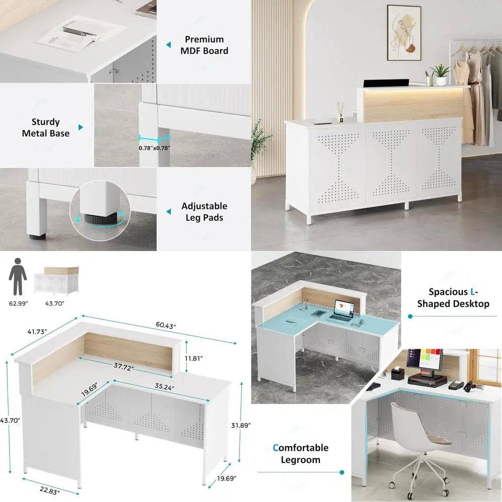 

60 L-Shaped LED Desk with White & Light Brown Finish, Ideal for Office, Lobby, or Beauty Salon
