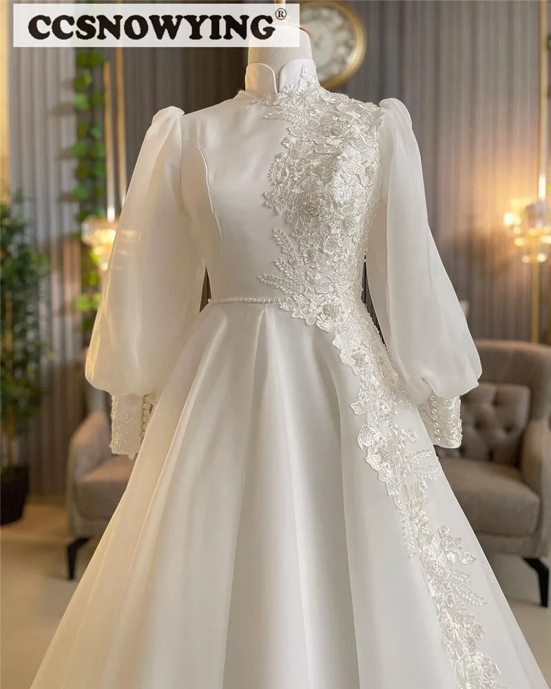 Robe De mariée à manches longues avec Appliques en Organza, robe De mariée islamique à col haut, arabe dubaï, musulmane