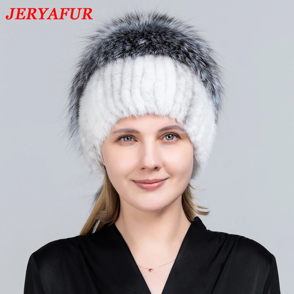 JERYAFUR Women\'s Winter Fur Hat Natural Fur Knitted Mink Fox Pom Pom Fur Hats with Balls Stylish Warm Fashion Girls Beanies Hat