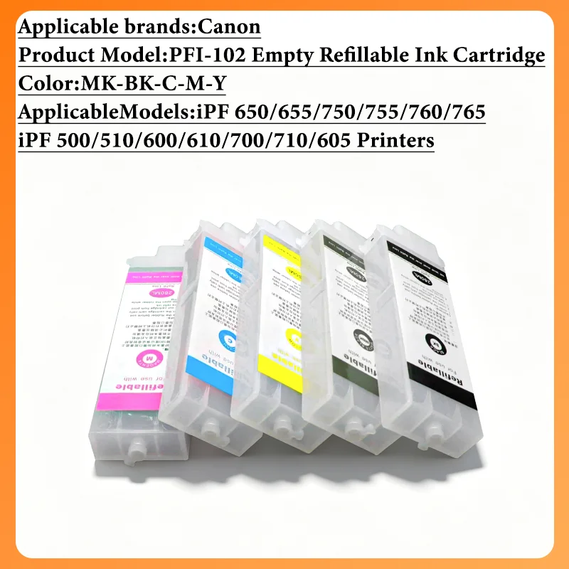 260ML PFI102 PFI-102 Empty Refillable Ink Cartridge For iPF 650/655/750/755/760/765 iPF 500/510/600/610/700/710/605 Printer