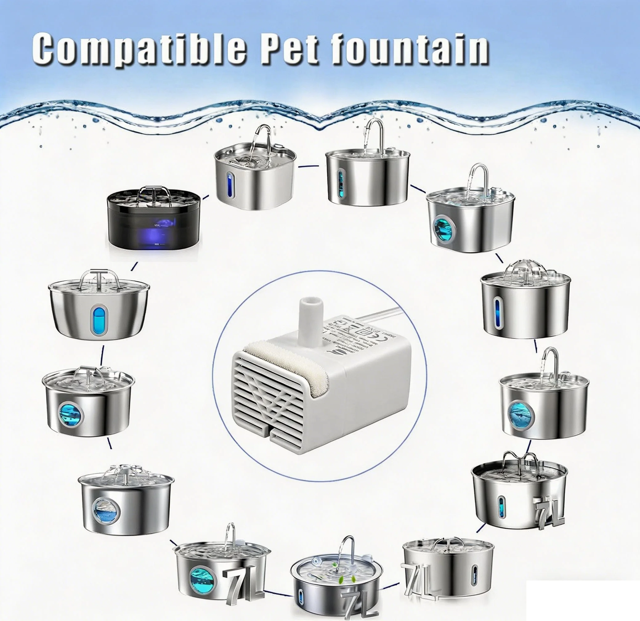 Cat Water Fountain Pump Replacement Ultra Quiet JY-830/840 Submersible Motor Pet Dog Dispenser Pump for Stainless Steel Fountain gallery 2