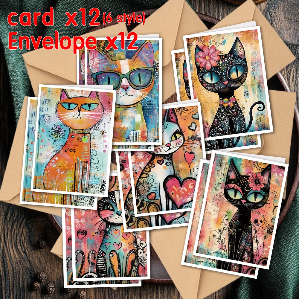 24-teiliges handgezeichnetes Graffiti-Katzen-Illustrations-Grußkarten-Set mit Umschlägen, DIY-Einladungskarte, multifunktionaler Spaß, Express-Liebe