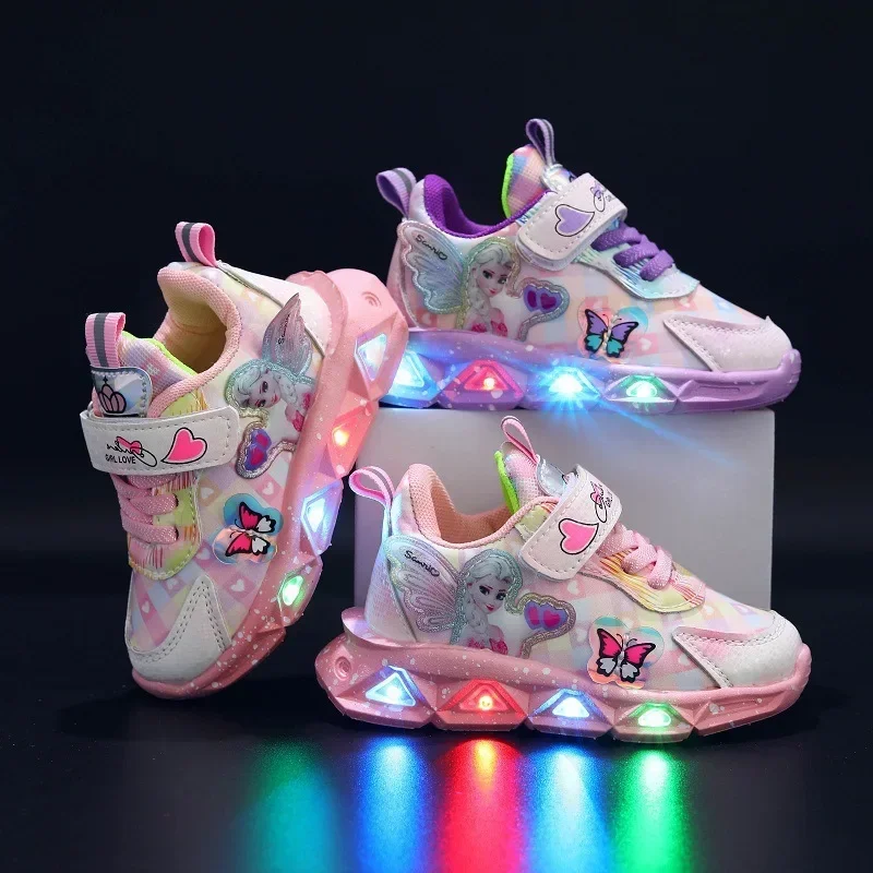 Disney led light girls\' shoes spring and autumn new single shoes leather fashion children\'s sneakers