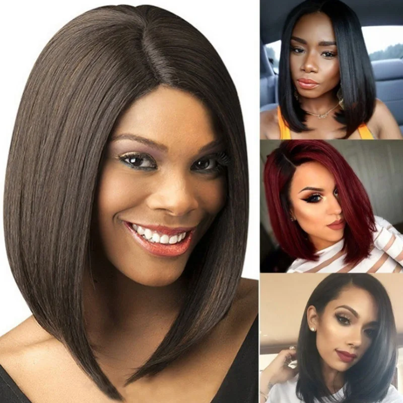 Peruka z przedziałkiem na środku, modny bob, czarne krótkie proste włosy, fryzura bobo, włosy z włókna wysokotemperaturowego, krótkie włosy.