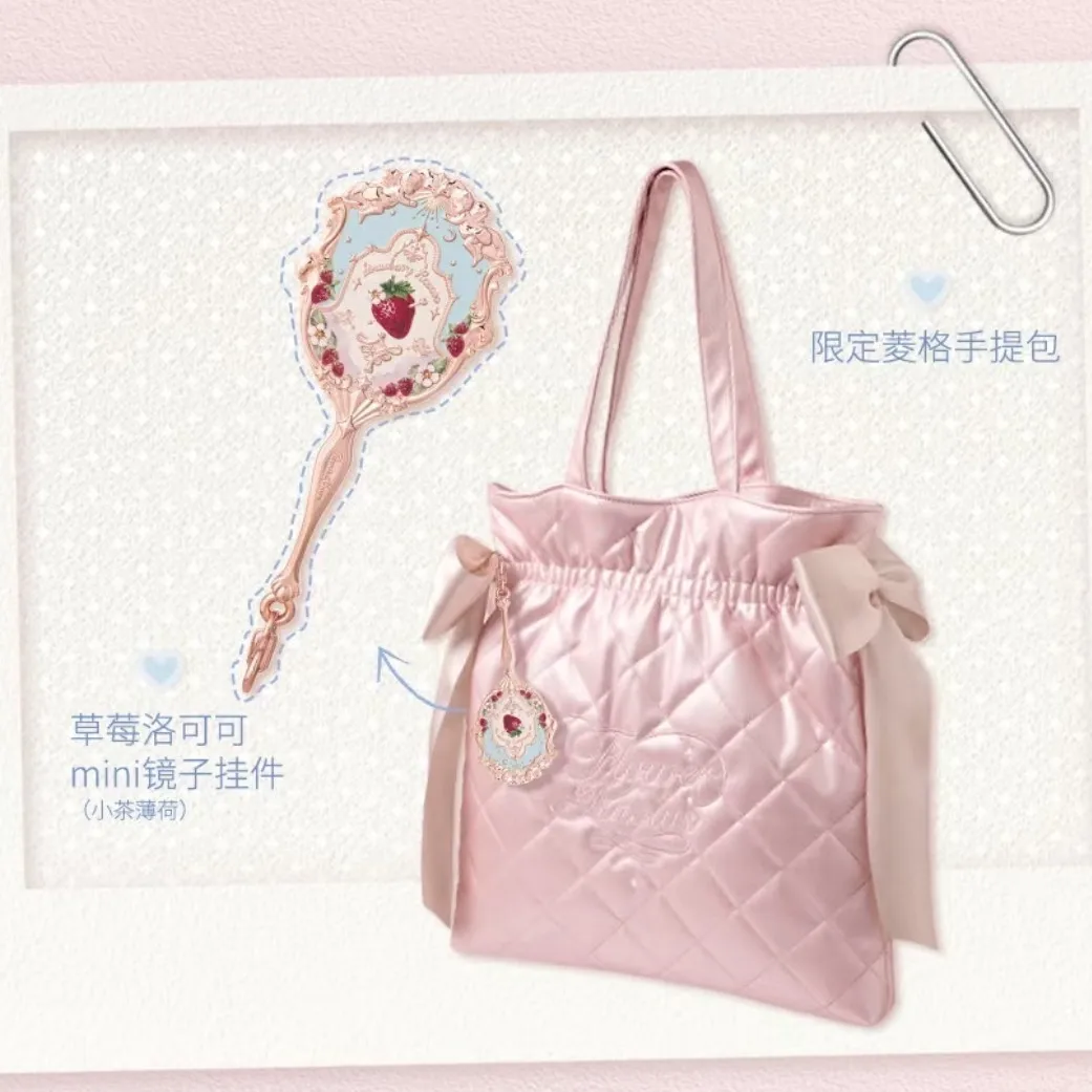 Flower Knows Strawberry Rococo Series Mini Mirror Charm Pink Lattice Handbag Limited Large Capacity Fashion Women Bag