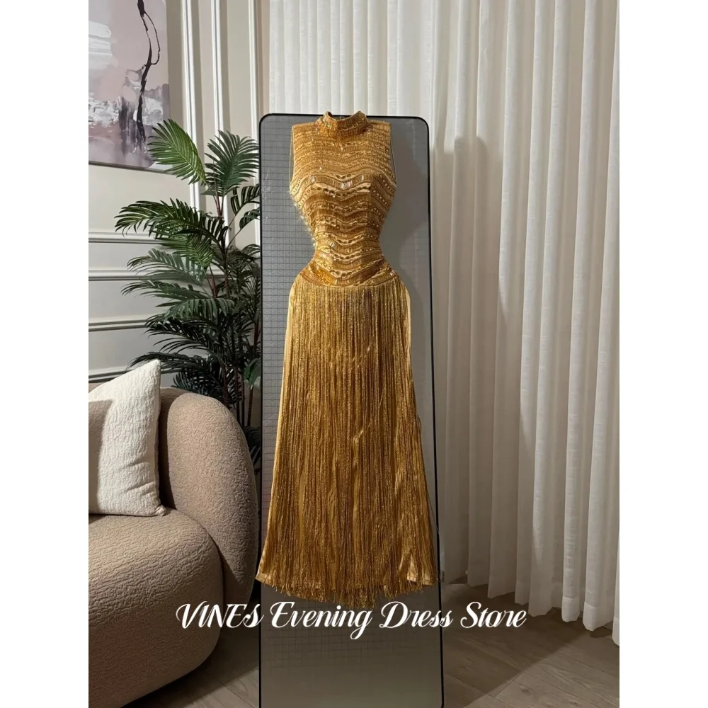 VINES Gold Mermaid Prom Dress Layered Sequin Beaded Fringe Elegant Cocktail Evening Gown Sparkle Bead Long Party Gown Customized - view 2