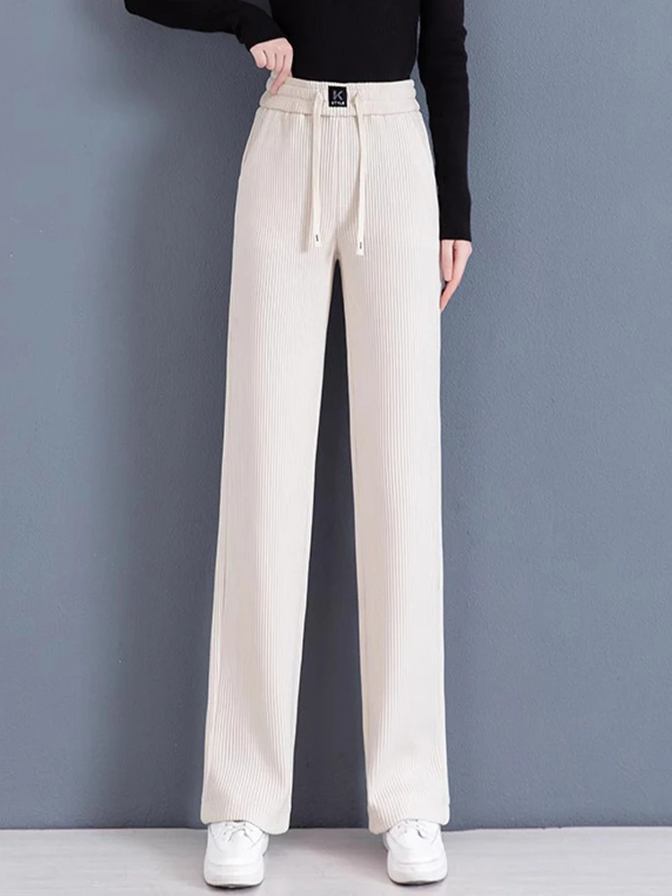 

Women's Thickened Fleece Wide Leg Pants Autumn Winter New Style Drape Casual Pants Straight Tube Pants High Waist