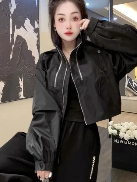 

High-End Casual ort Jaet Women's New Stand Collar Zipper Design Faionable Versatile Loose Sli Small Figure Top