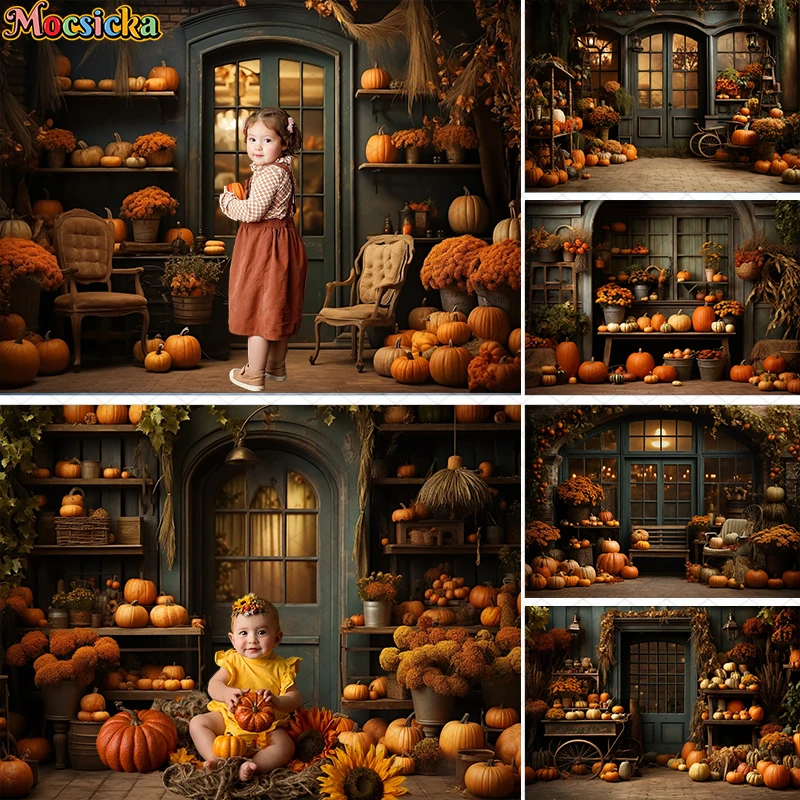 Mocsicka Photography Background Autumn Pumpkin Store Fall Maple Leaves Kids Portrait Birthday Party Decor Backdrop Photo Studio