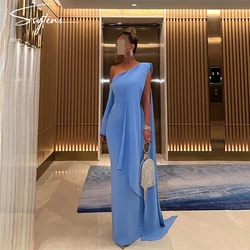 Sexy Blue Women Prom Dress Ankle Length Draped Abendkleider One Shoulder Evening Dress For Party Speical Custom Made Vestidos