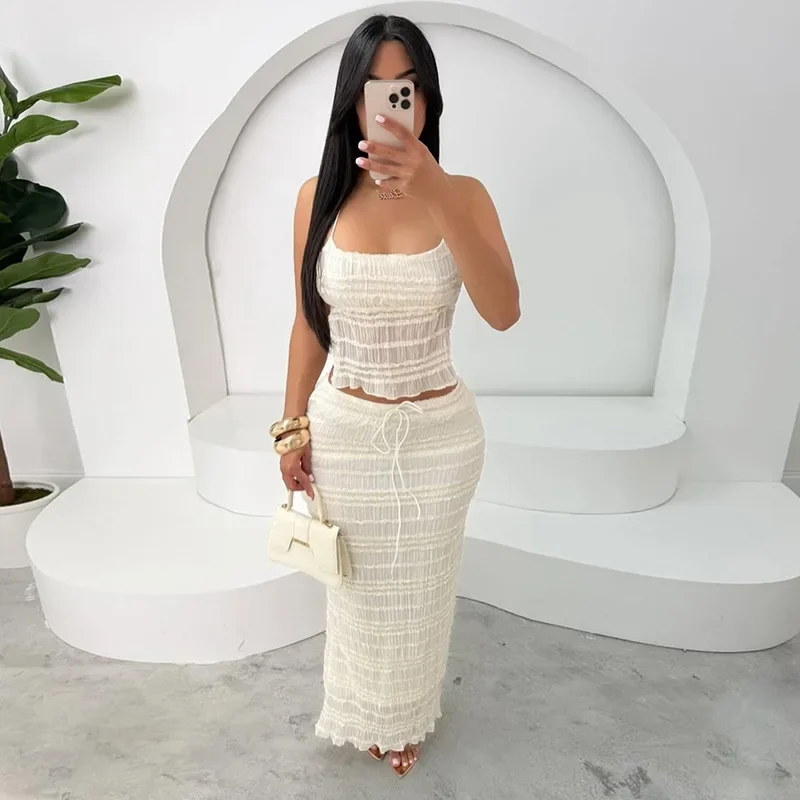 

Leosoxs Women's Set Ruched Striped Sleeveless Strap Sleeveless Tops + Long Skirts Suit 2025 INS Beach Vacation Two 2 Piece Sets