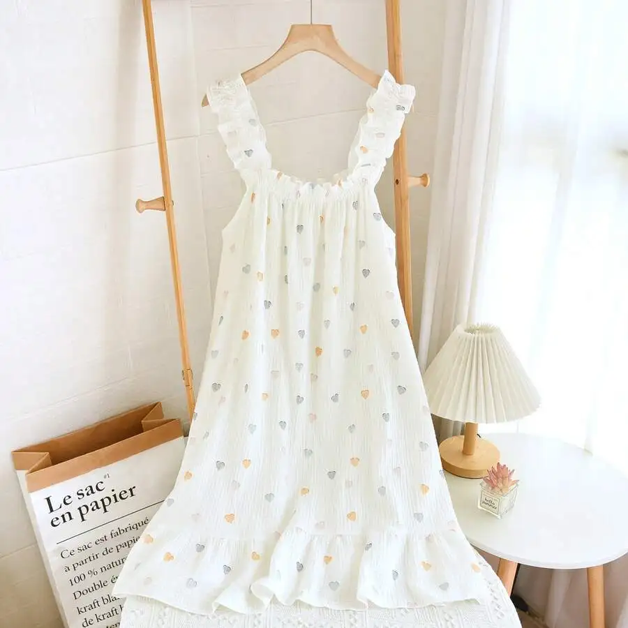 Womens Cotton Gauze Heart Print Sleeveless Nightgown Loose Mid-Length Sleep Dress