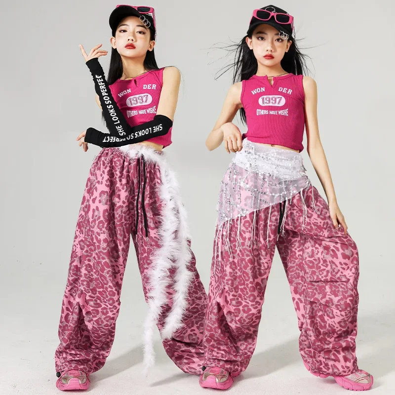 Children's Street Dance Costumes, Girls' Dopamine Powder Vest, Leopard Print Pants, Jazz Dance Performance Costumes Sets