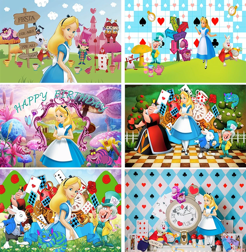 Cartoon Princess Alice Backdrop for Birthday Party Supplies Alice In Wonderland Baby Shower Banner for Birthday Party Decoration