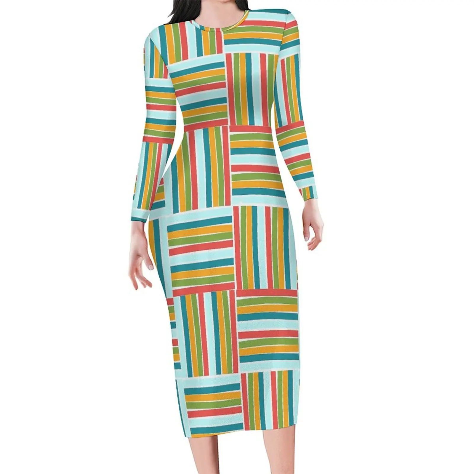 Color Block Dress Woman Colorful Stripes Streetwear Bodycon Dress Autumn Long Sleeve Kawaii Dresses Custom Oversize Clothing