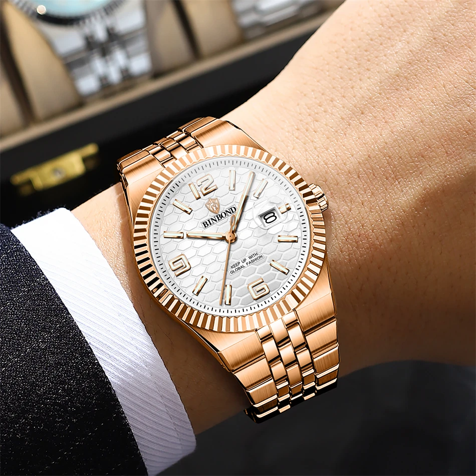 BINBOIND Orologio da polso casual alla moda per uomo Settimana Data Orologio da uomo in acciaio inossidabile Orologio da uomo al quarzo di lusso impermeabile luminoso + scatola