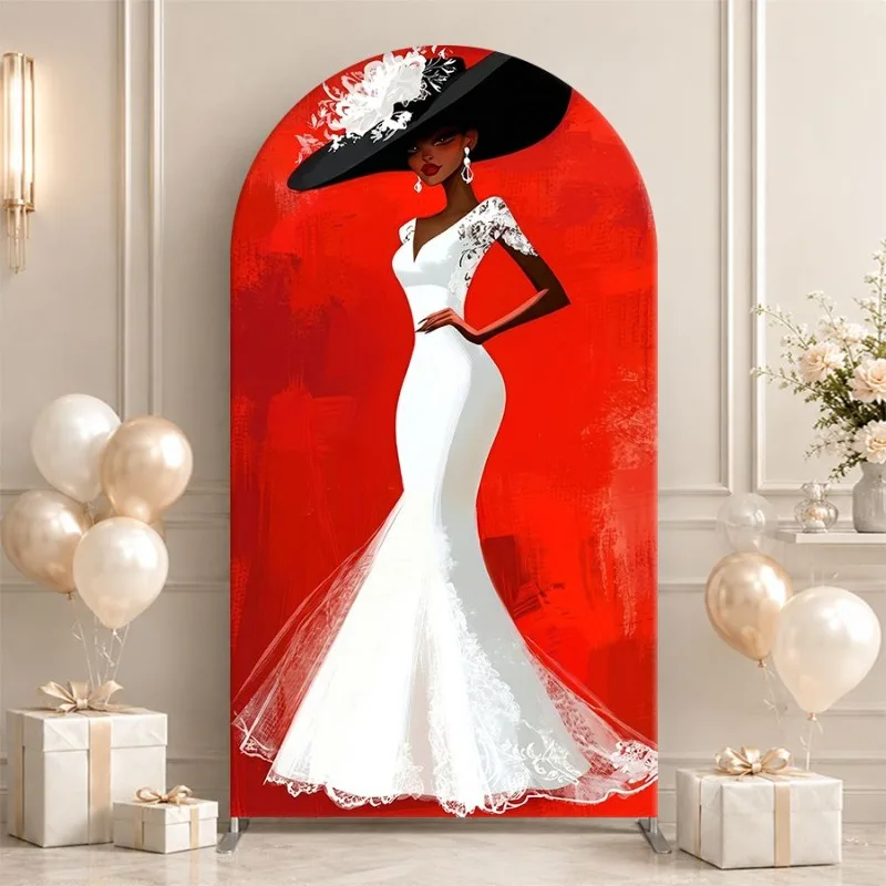 Single Side Arch Backdrop Cover Elegant Red Arch Background with Vintage Bride in White Lace Gown and Black Hat Surrounded by - view 6