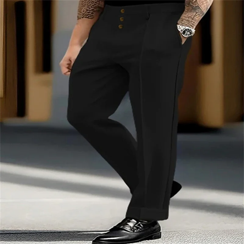 Autumn Casual Loose Straight Trousers Mens Vintage Pleated Design Solid Color Pants For Men Streetwear Leisure Breathable Pants