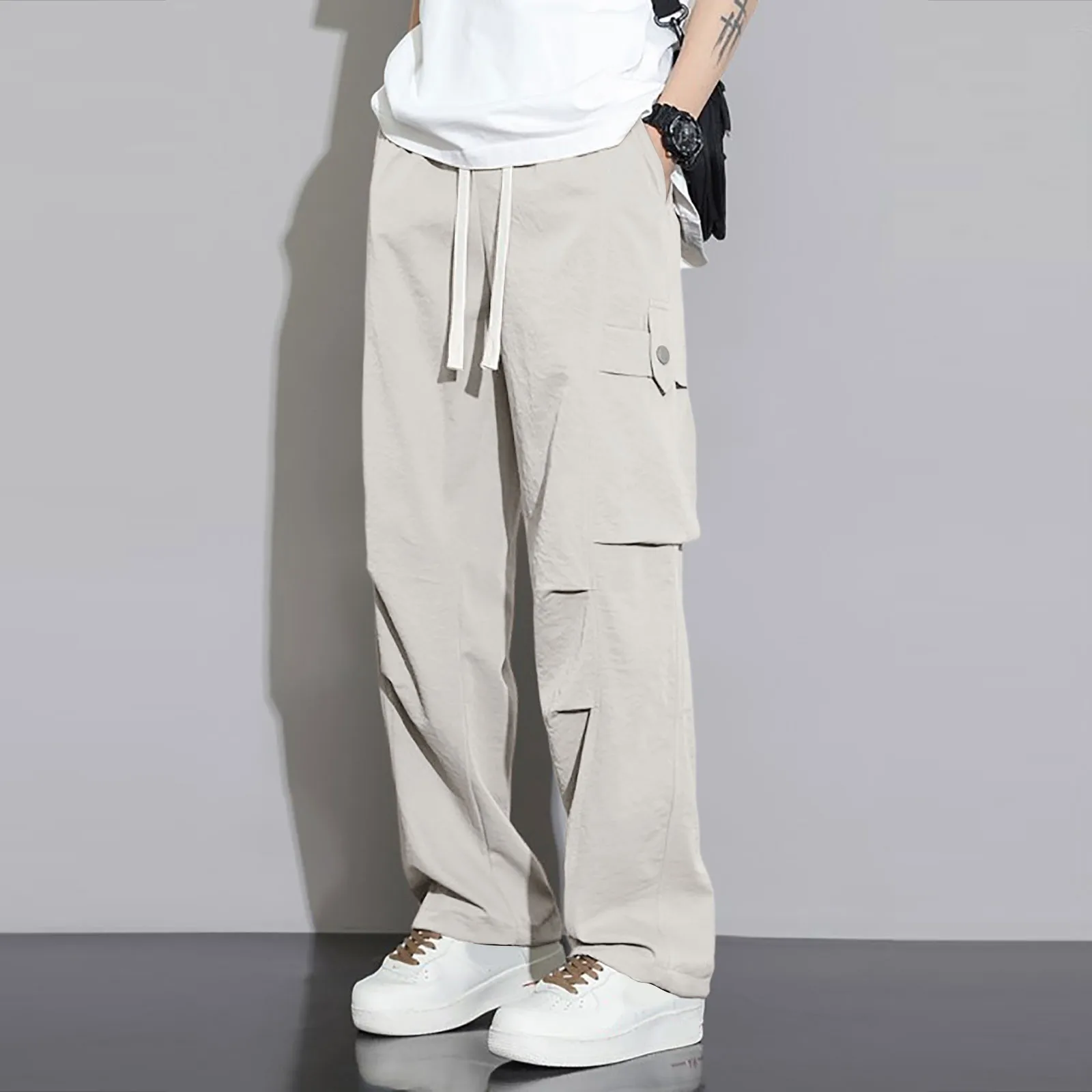 Men Fall 2024 New Straight Leg Overalls Sports Casual Loose Solid Color Elastic Waist Pants Fashion Mountain Paratrooper Pants