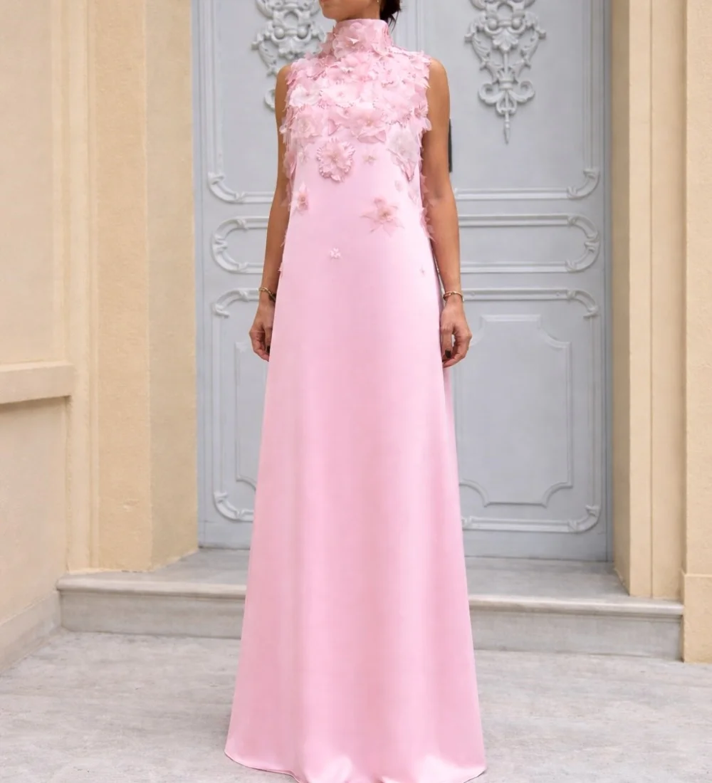 

Customized High Quality Jersey Flower Pleat A-line High Collar Long Evening Dresses Luxury 2025 Exquisite Simple