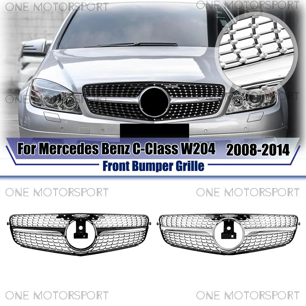 

Diamonds Style Black Front Bumper Grille For Mercedes Benz C-Class W204 2008-2014 C180 C200 C230 C250 C280 Silver Upper Grille