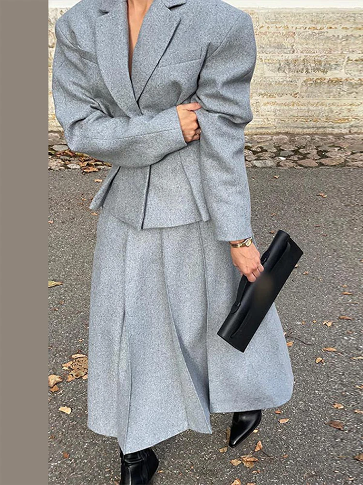 Wide Shoulders Jackets Pleated Skirts Women\'s Set Elegant Lapel Long Sleeved Jacket With Long Skirt Female Autumn Chic Outfits