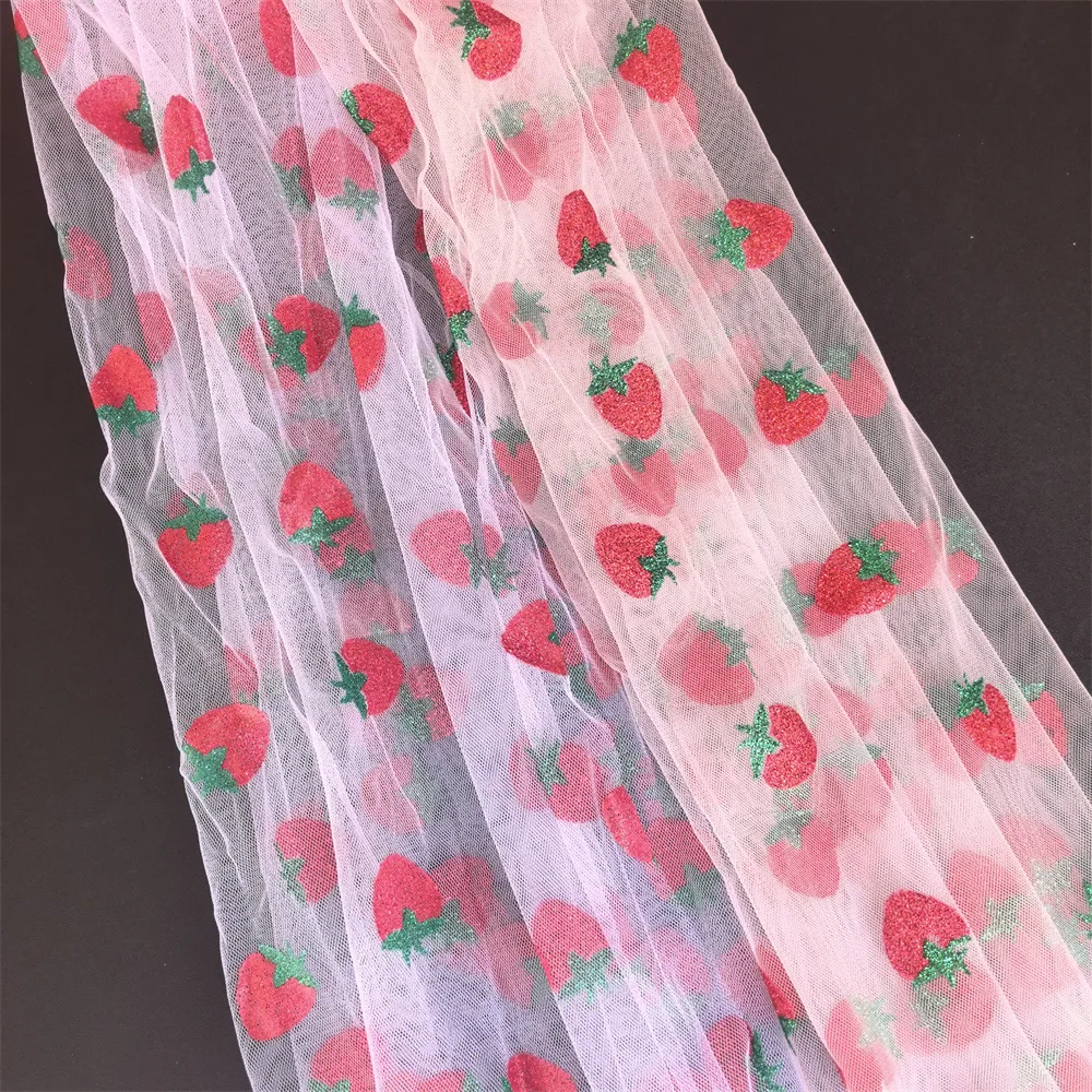 Glitter Strawberry Print Sheer Tulle Mesh Fabric for Princess Dress Hair Accessories, Wedding Table Runner & Stage Party Decor